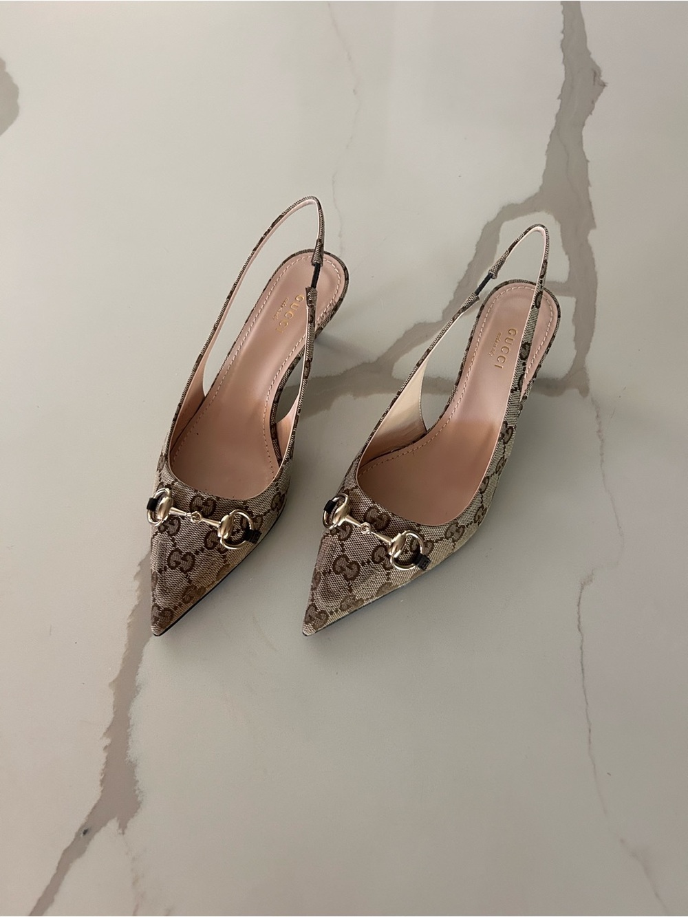 Gucci Beige GG Supreme Pointed-Toe Slingback Pumps with Gold Hardware